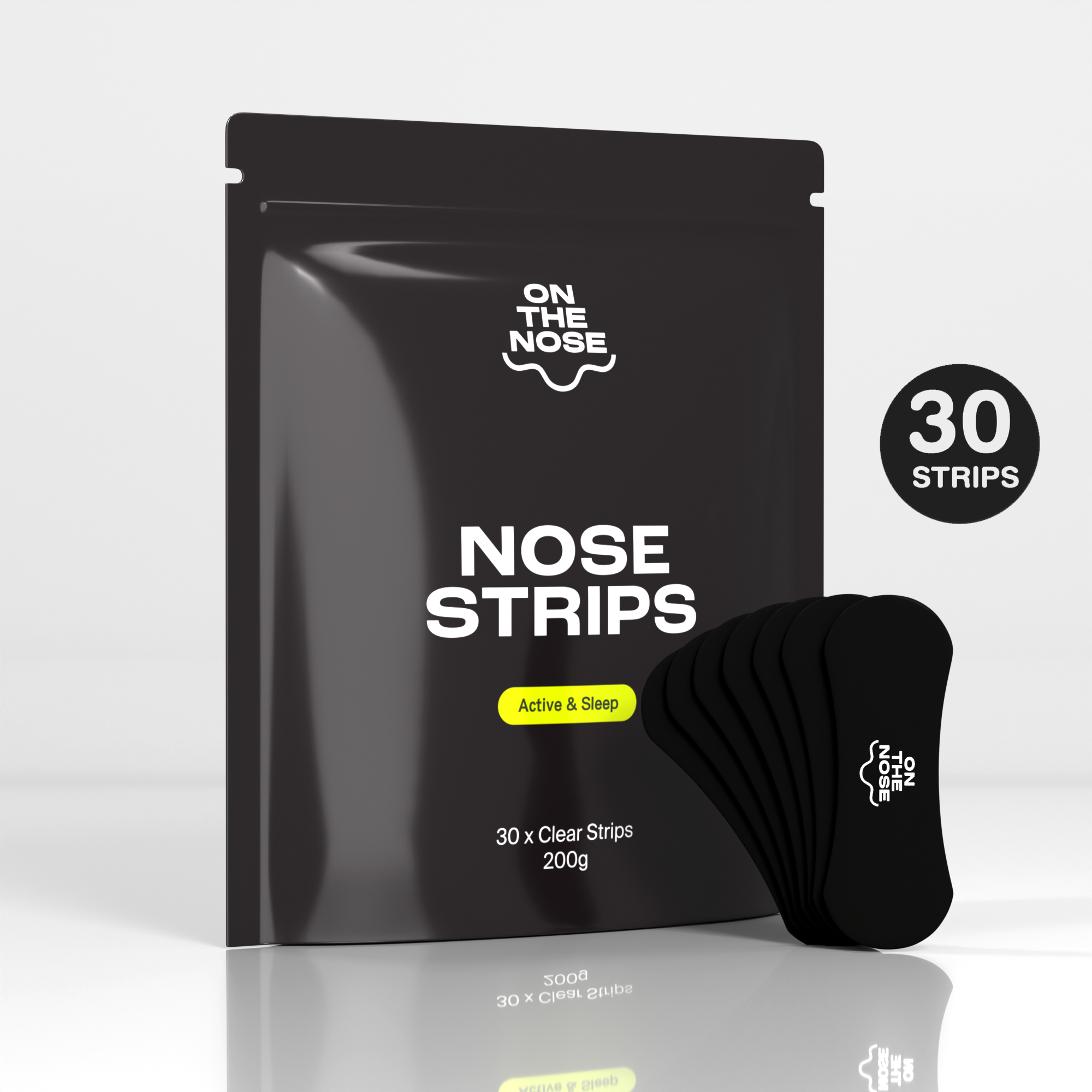 Packaging of 'On The Nose' nose strips with 30 strips displayed on a white background.