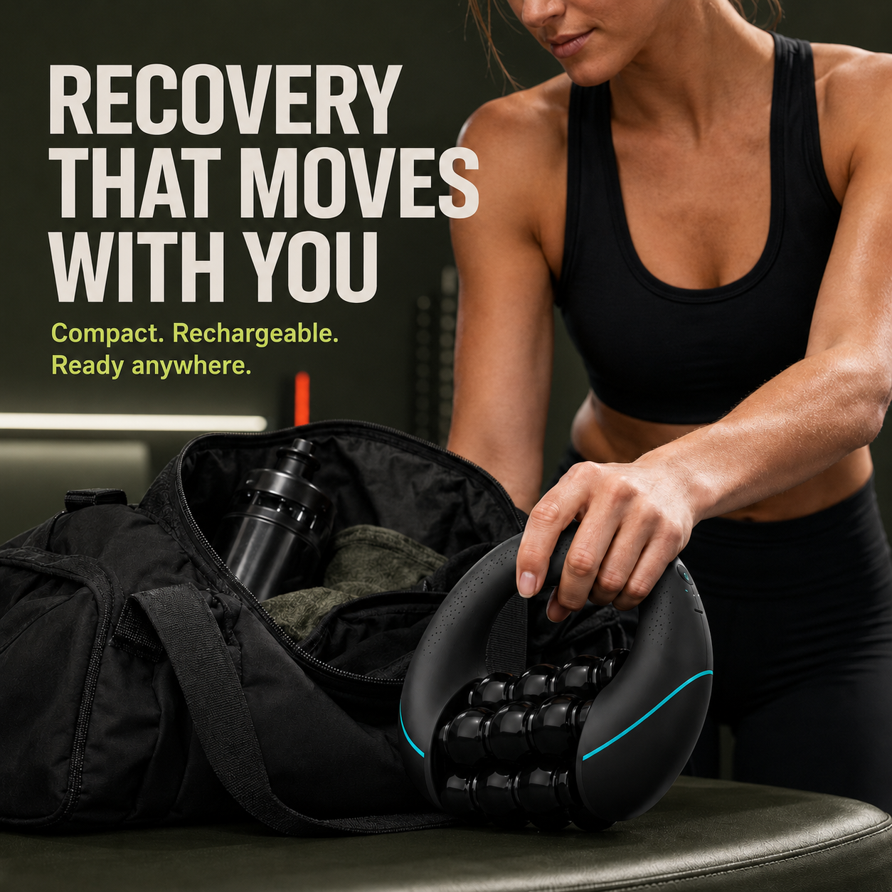 Woman packing Orbit Mini Recovery Massager into a gym bag