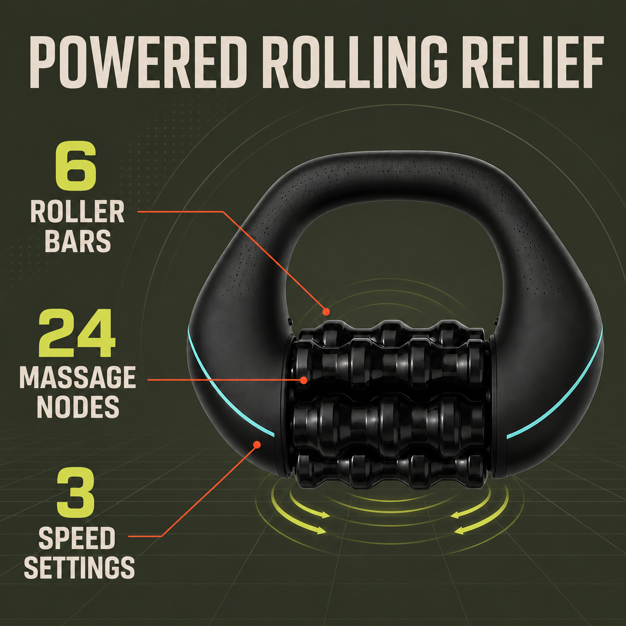Orbit massager with six roller bars, 24 massage nodes and three speed settings