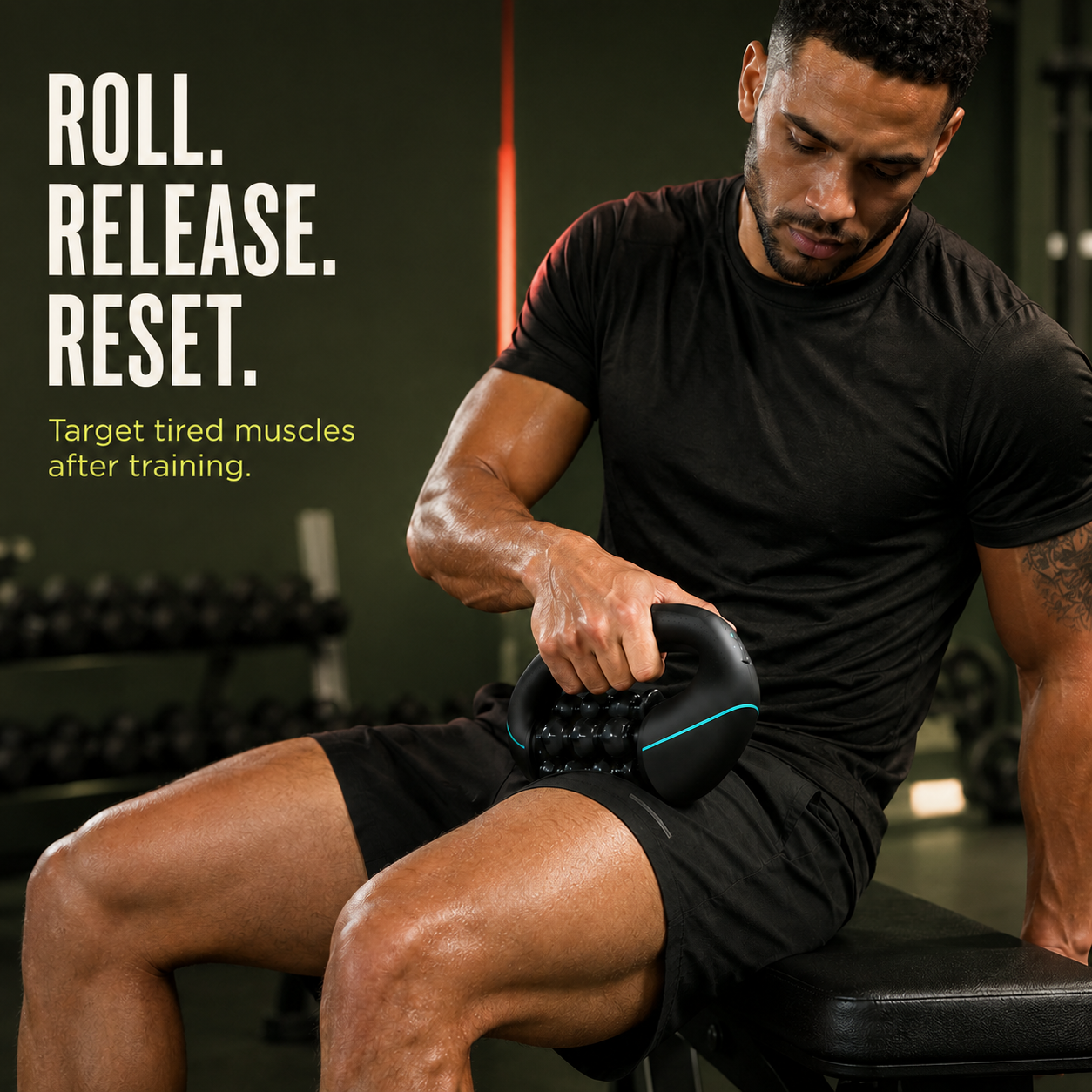 Athlete using Orbit Mini Recovery Massager on his thigh after training