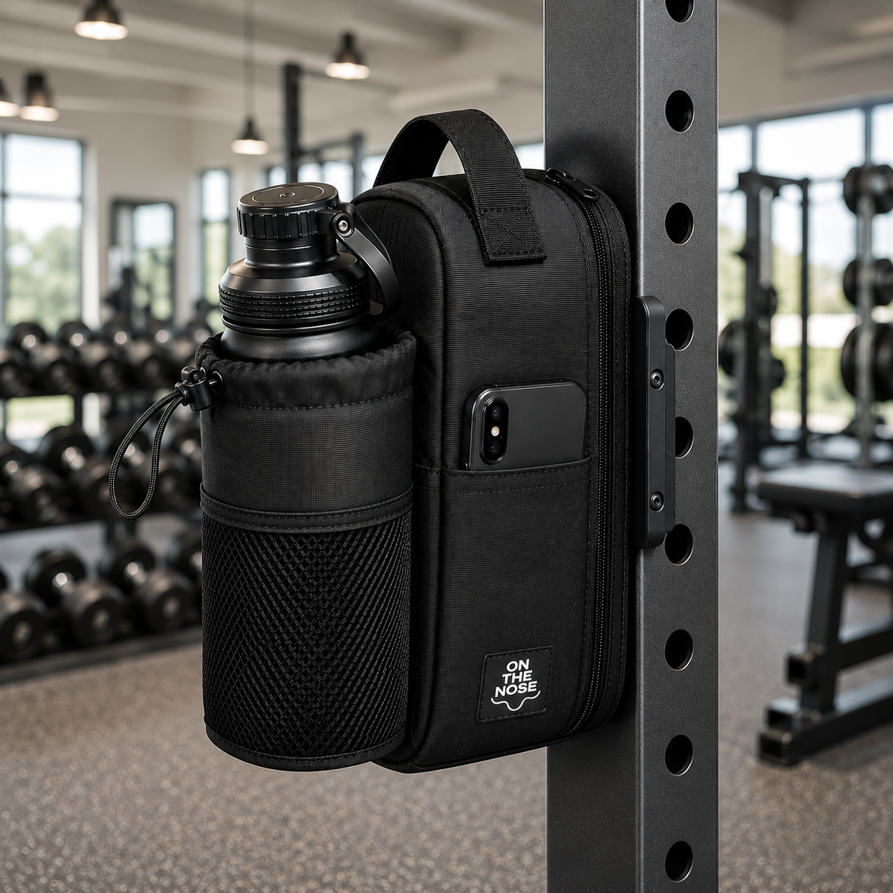 On The Nose Co. Signature Magnetic Gym Bag attached to a squat rack