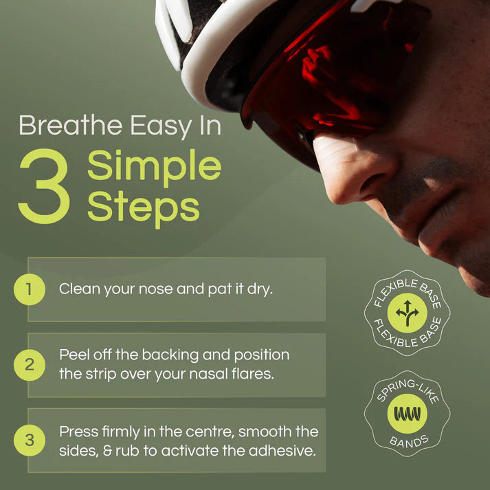 Instructions for using a nasal strip with a person wearing a helmet on a green background
