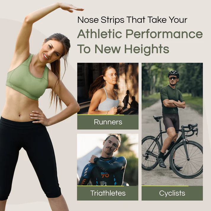 Advertisement for nose strips targeting athletes with images of a runner, triathlete, and cyclist.