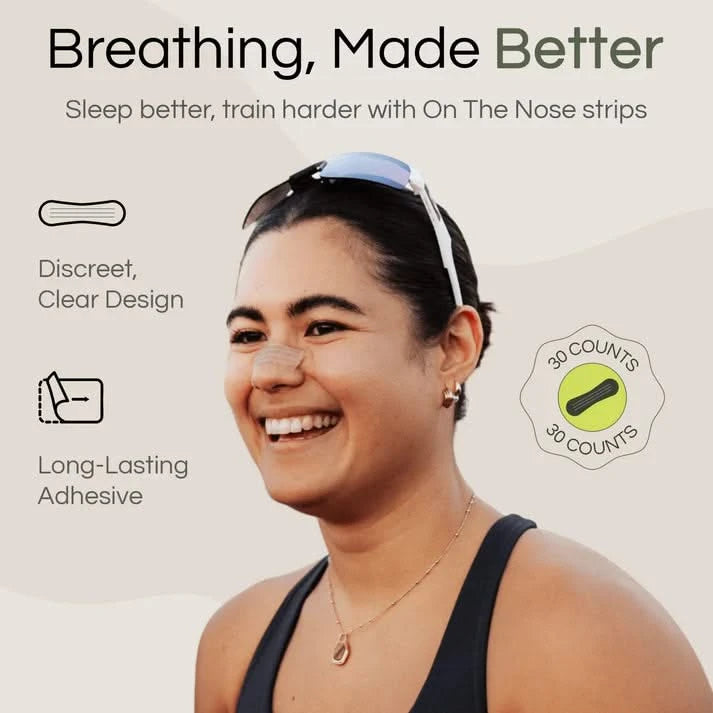 Woman wearing a clear On The Nose Co. nasal strip