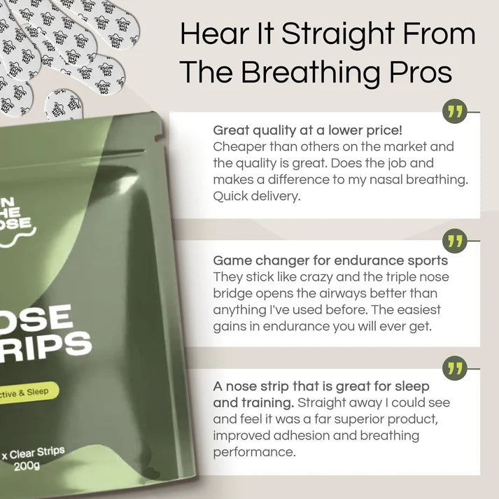 Nose strip packaging with customer reviews on a light gray background